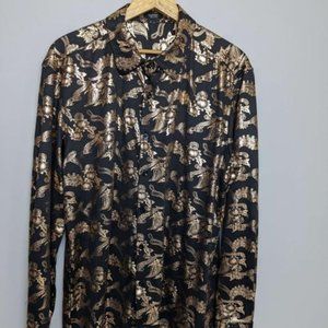 CooFandy Men's Size L Gold Black Paisley Long Sleeve Button Down Dress Shirt